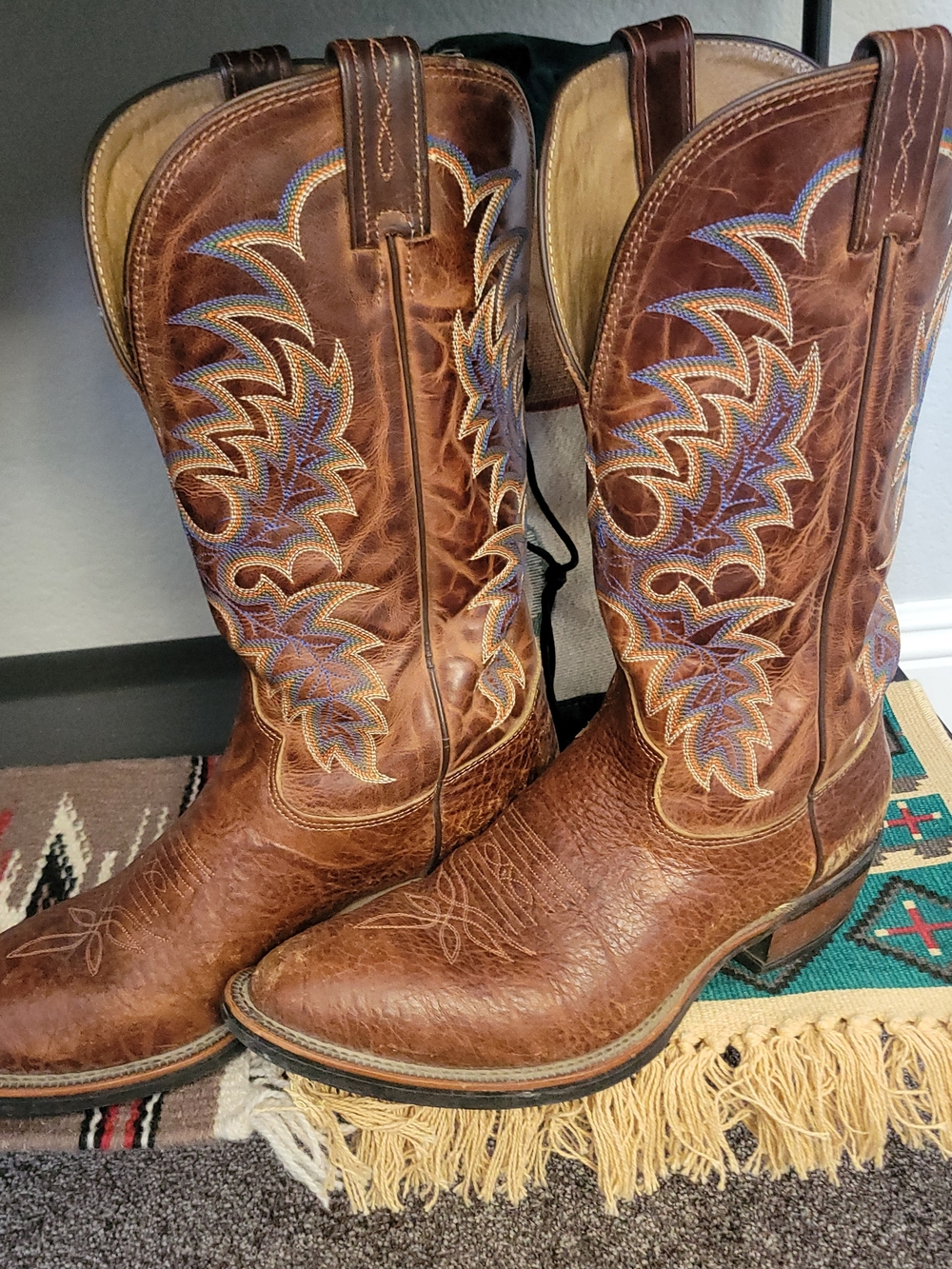 Tony Lama Brown Leather Cowboy Boots with Blue & Gold Stitching